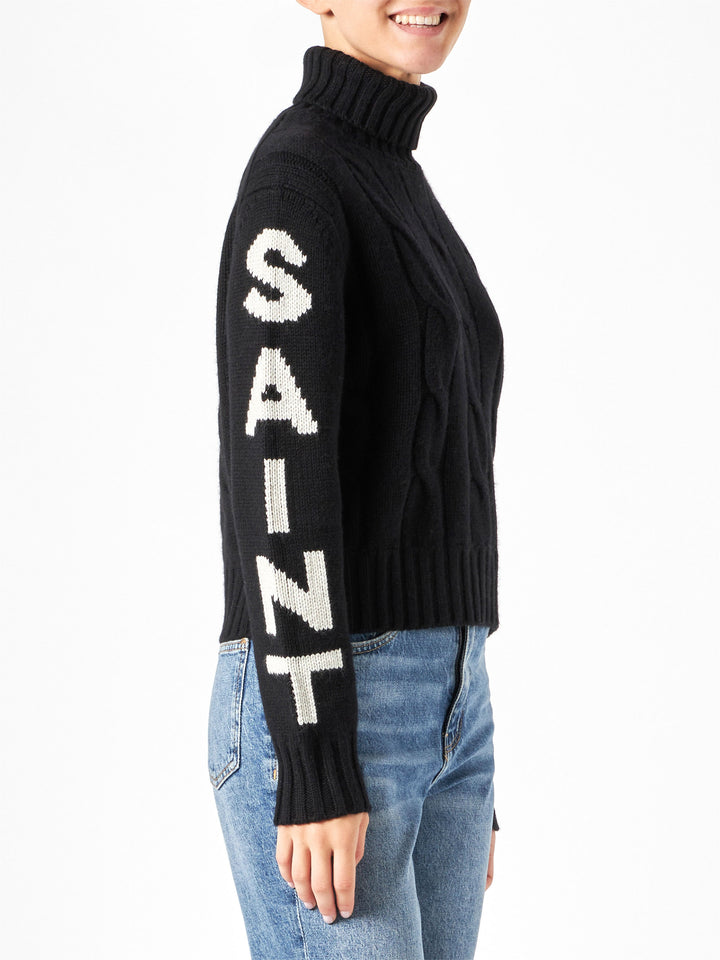Maglione nero da donna a collo alto intrecciato
