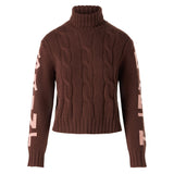 Woman brown turtleneck braided sweater