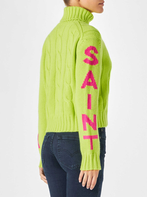 Woman fluo yellow turtleneck braided sweater