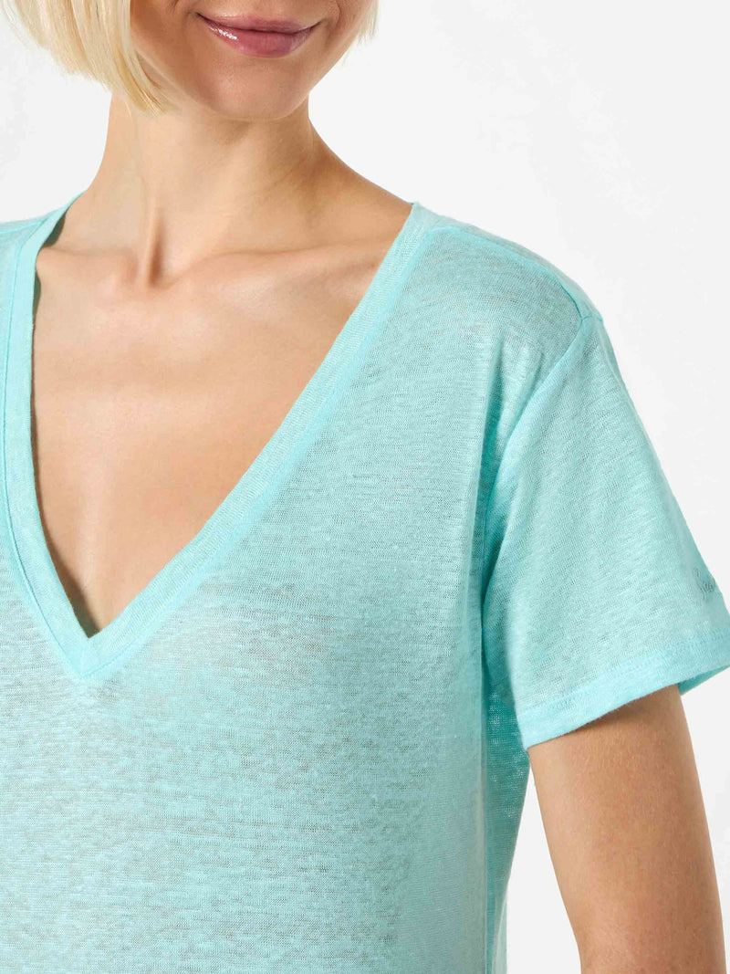 T-shirt da donna in lino verde acqua