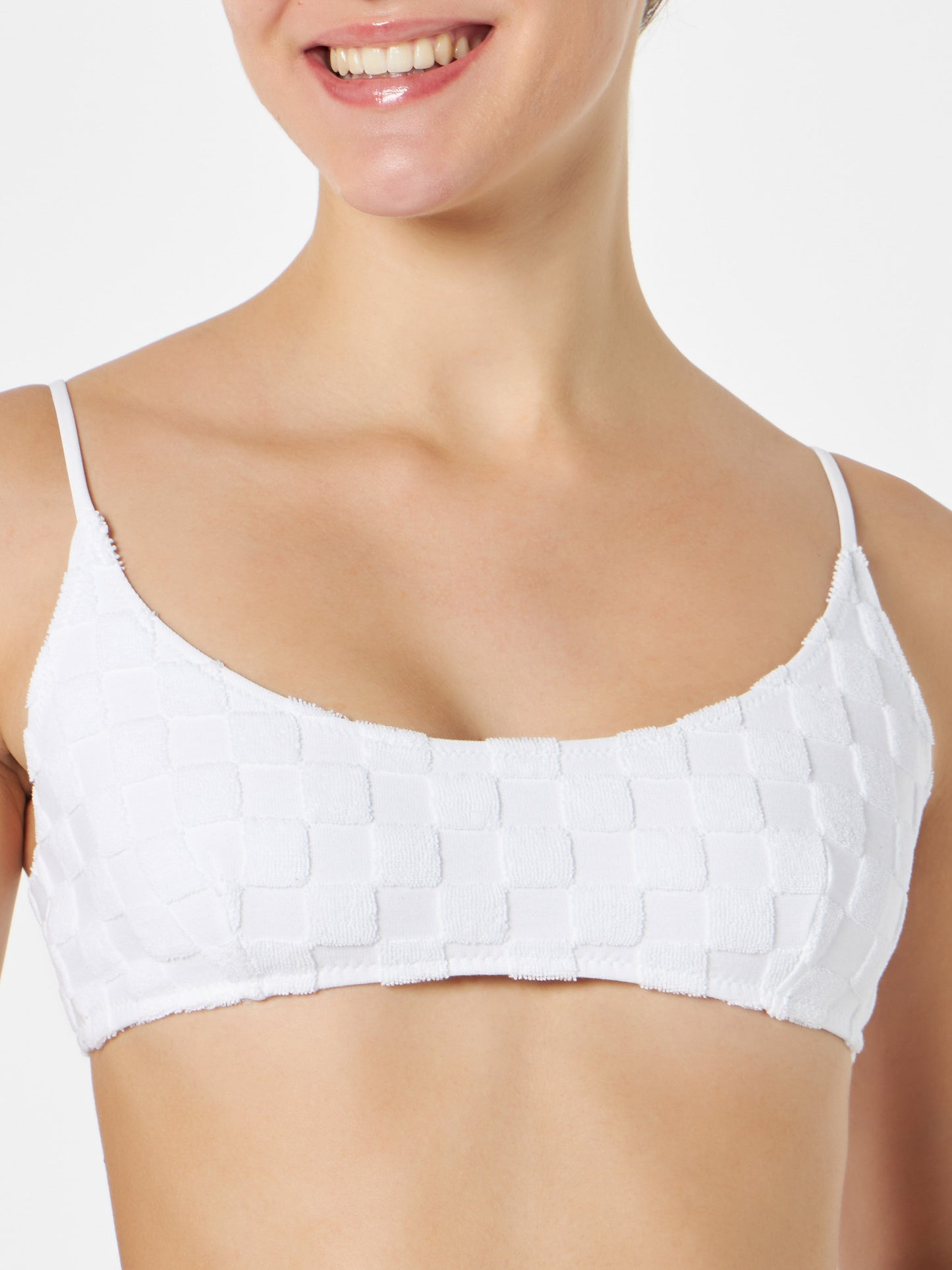 Woman white check terry bralette swimsuit