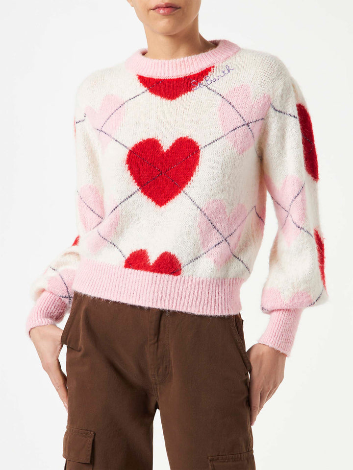 Woman brushed striped sweater with heart pattern - MC2 Saint Barth