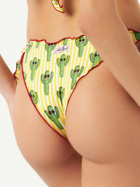 Woman ruffled cheeky swim briefs with cactus print