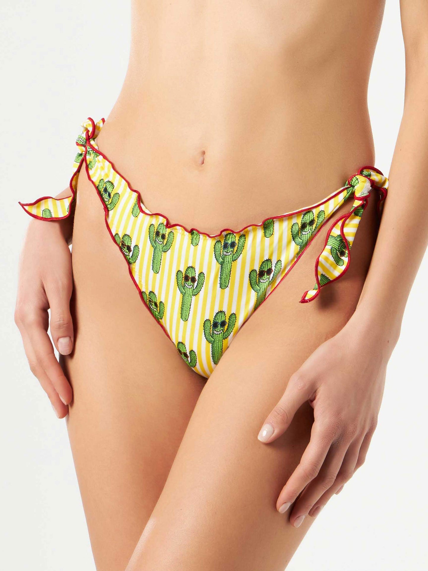 Woman ruffled cheeky swim briefs with cactus print