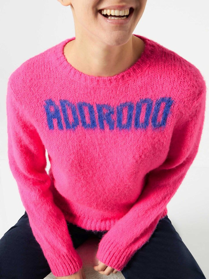 Woman fluo pink brushed sweater with Adorooo print - MC2 Saint Barth