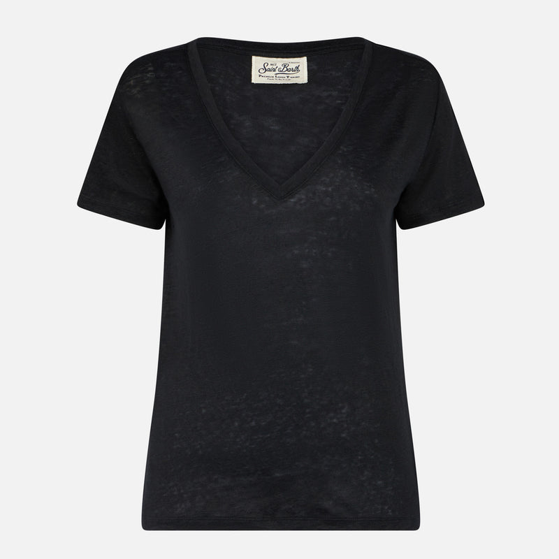 Schwarzes Damen-T-Shirt aus Leinen