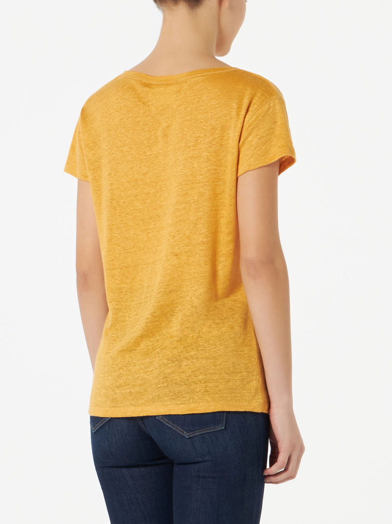 Ockerfarbenes Damen-T-Shirt aus Leinen