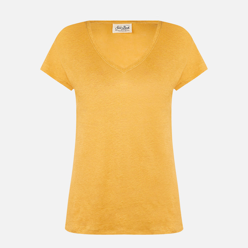 T-shirt da donna in lino color ocra