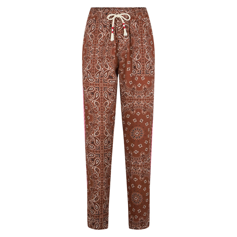 Woman linen pants with brown bandanna print