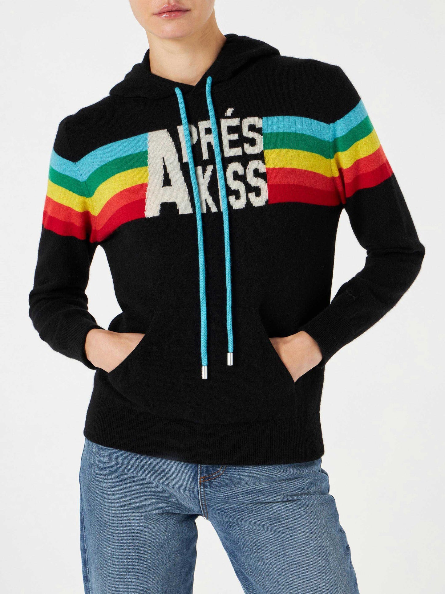 Felpa in maglia con intarsio arcobaleno