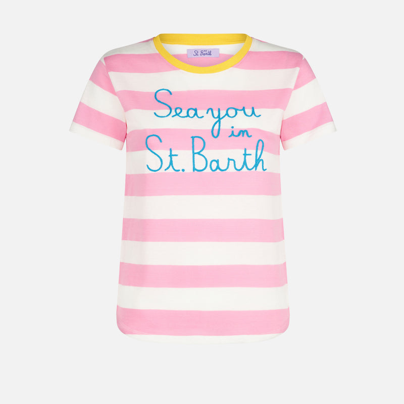 Damen-T-Shirt aus Baumwolle mit „Sea you in St. Barth“-Stickerei