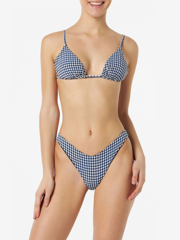 Bikini da donna a triangolo crinkle con stampa vichy blu